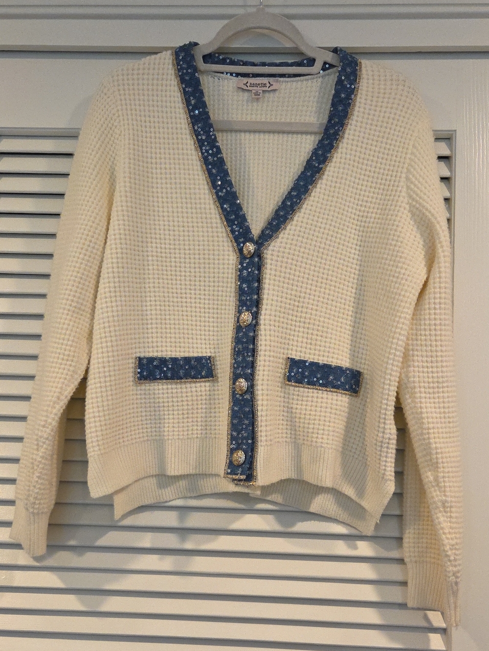Nanette Lepore Cream Waffle-Knit Cardigan with Blue Floral Trim